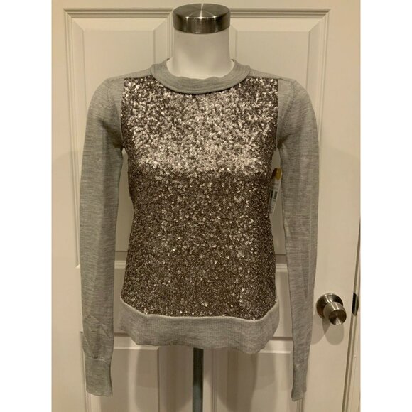 Diane Von Furstenberg Gray & Silver Sequin "Paryse" 100% Wool Sweater, Size P - Picture 1 of 11